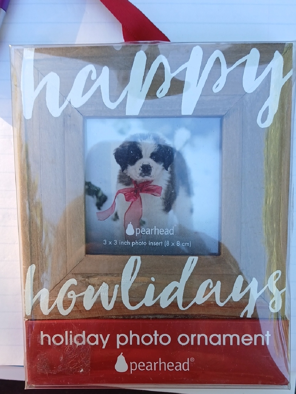 Pearhead Red & Natural Wood Holiday Photo Ornament